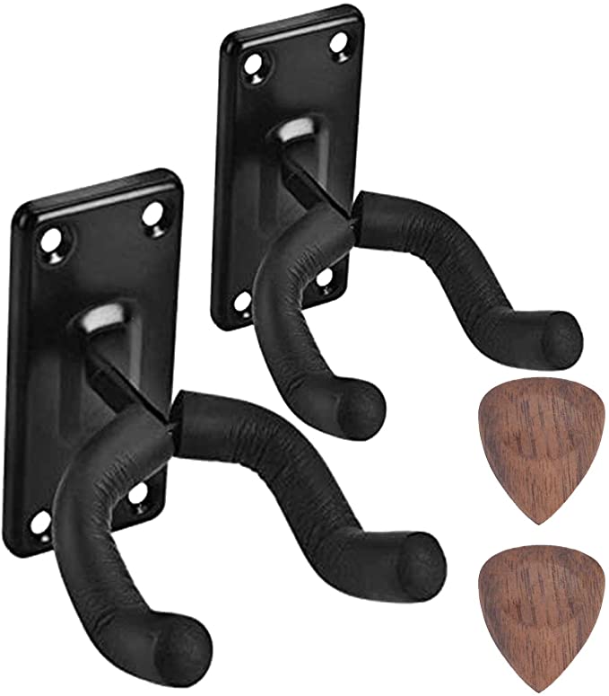 Photo 1 of Guitar Ukulele Wall Mount Hanger, Guitar Hook,Holder,Stand,Guitar Display Hanger,and 2Pcs Solid Wood Guitar Picks,Accessories for Acoustic Electric Bass Ukulele (2-PACK, Black)