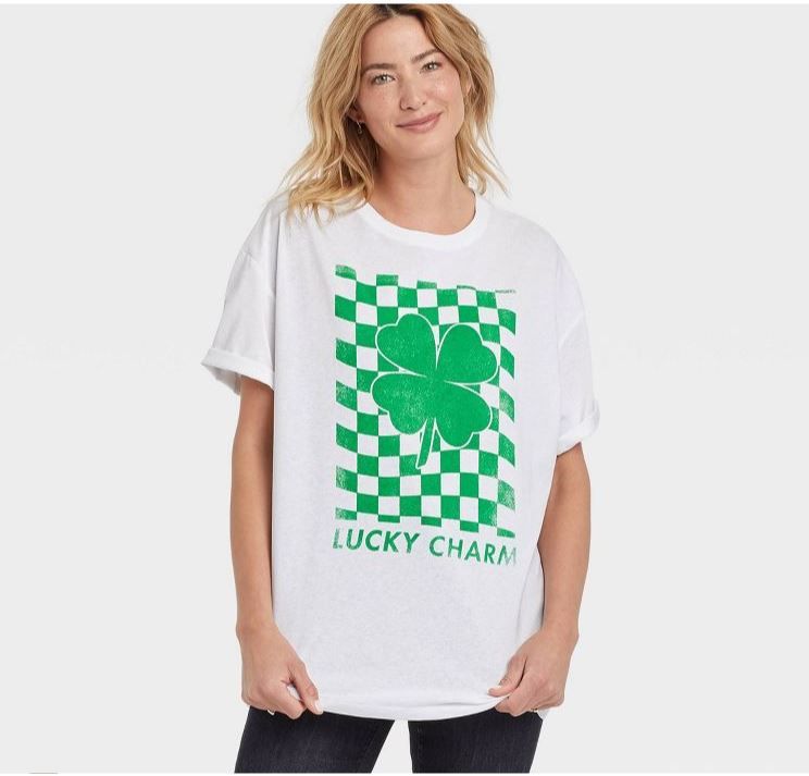 Photo 1 of 2pack Women's St. Patrick's Day Short Sleeve Oversized Graphic T-Shirt - White Checkered  Size S/M - L/XL