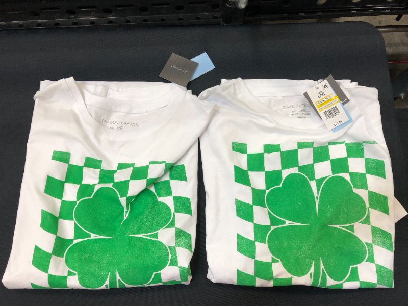 Photo 4 of 2pack Women's St. Patrick's Day Short Sleeve Oversized Graphic T-Shirt - White Checkered  Size L/XL