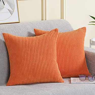 Photo 1 of UINI Striped Corduroy Throw Pillow Covers, Set of 2 Orange Decorative Pillow Covers 18x18 Inch, Soft Square Pillowcase Cushion Cover for Sofa, Couch, Bed, Home Accent
