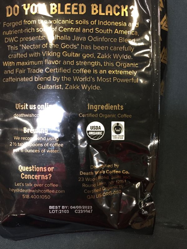 Photo 2 of  Coffee Valhalla Java Dark Roast Grounds, 12 Oz, The World's Strongest Coffee, Bold & Intense Blend of Arabica Robusta Beans, USDA Organic Ground Coffee, Powerful Caffeine for Morning Boost   EXP DATE 04-2023