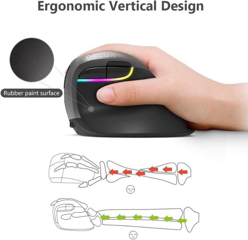 Photo 3 of DELUX Wireless Vertical Mouse, Silent Small Ergonomic Mouse with BT 5.0 and USB Receiver, 6 Buttons and 2400 DPI, RGB Rechargeable Mouse for Wrist and Hand Strain, Carpal Tunnel (M618mini-Iron Gray)
