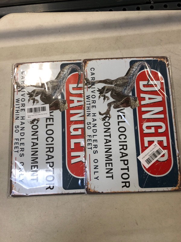 Photo 2 of 2 CT Tin Sign Danger Velociraptor Containment Metal Sign 12x8 Inch