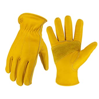 Photo 1 of KKOYING Leather Work Gloves for Men & Women, Gardening Gloves, Reinforced Durable Cowhide Work Gloves, Puncture & Cut Resistant (Large)