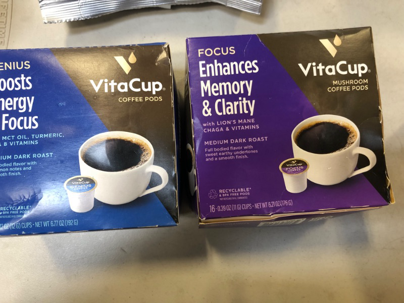 Photo 1 of 2 PACK VitaCup Focus Coffee Pods with Lions Mane, Chaga Mushrooms, B Vitamins & Vitamin D3 for Immune Support & Focus in Recyclable Single Serve Pod AND VitaCup Organic Genius Keto Coffee Pods, Increase Energy & Focus w/MCT Oil, Turmeric, B Vitamins, D3, 