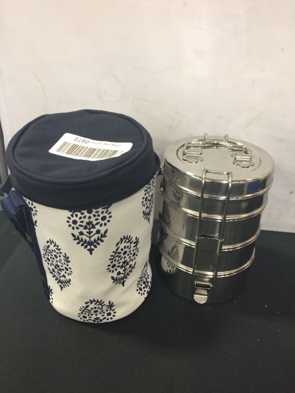 Photo 2 of 4 Tier Large Tiffin with Thermally Insulated Blue Patterned Tiffin Bag Carrier
