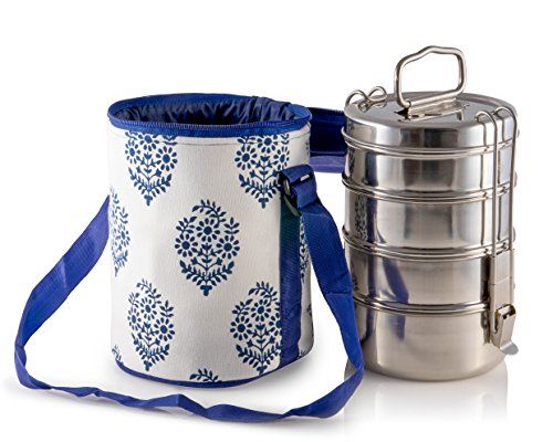 Photo 1 of 4 Tier Large Tiffin with Thermally Insulated Blue Patterned Tiffin Bag Carrier
