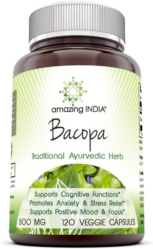 Photo 1 of Amazing India Bacopa 500 mg 120 Veggie Capsule (Non-GMO) - Supports Memory and Learning - Promotes a Healthier State of Mind EXP 04/2022
