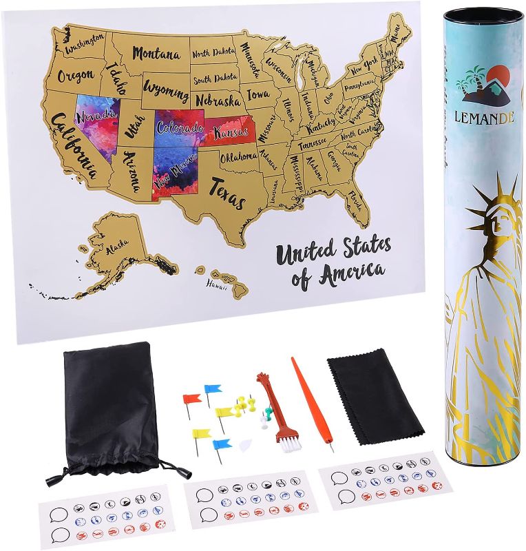 Photo 1 of Scratch Off USA Map Poster,12x17 Inches United States Map with 18 Accessories Set,Personalized Travel Poster,Travel Gift + BONUS USA Scratch Map (No Pungent Taste)
