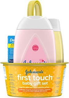 Photo 1 of Johnson's First Touch Baby Gift Set, Baby Bath, Skin, & Hair Essential Products, Kit for New Parents with Wash, Shampoo, Lotion, & Diaper Rash Cream, Hypoallergenic & Paraben-Free, 5 Items
