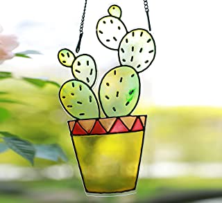 Photo 1 of Kindoras Cactus Suncatcher Stained Glass Style Metal& Acrylic Window Hanging, Succulent Plants Art Ornament, Beautiful Hanging Pendant Suncatcher for Window Home Decor (Style1)
