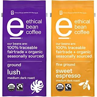 Photo 1 of Ethical Bean Medium Dark Roast Ground Coffee Variety Pack with Lush & Sweet Espresso Medium Dark Roast Fairtrade Organic Ground Coffee (2 ct Pack, 8 oz Bags)
16 Ounce (Pack of 1) EXP OCT 2021