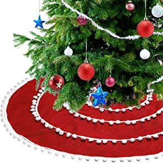 Photo 1 of 48" Christmas Tree Skirt, Red Tree Skirt Mat with Pom Pom Trim