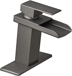 Photo 1 of Bathfinesse Matte Gray Waterfall Bathroom Faucet for Sink 1 Hole Single Hanle Modern Stylish Deck Mount with Optional Plate and Supply Hose Lead-Free
