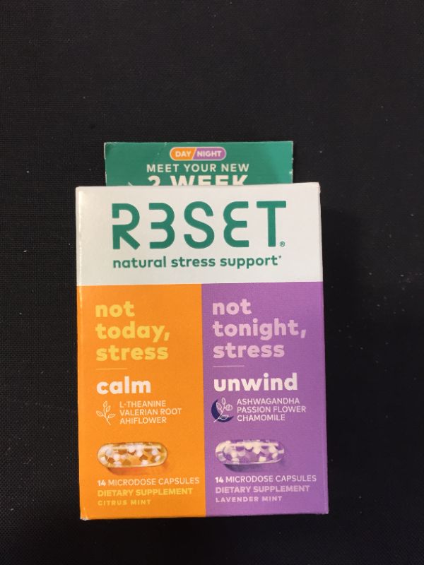 Photo 2 of R3SET Day & Night Combo Pack, Calm & Unwind & Sleep Support Supplements, 28 Veg Capsules
EXP JUNE 2022