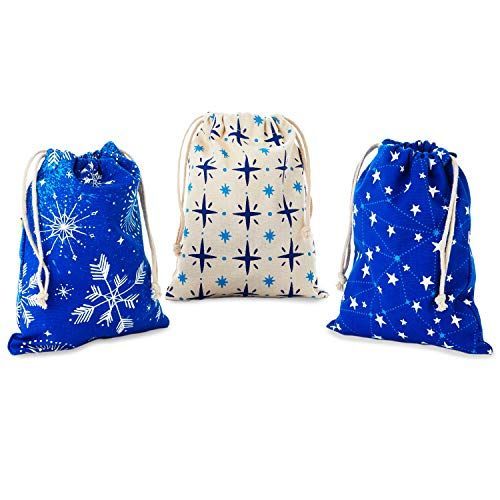 Photo 1 of Hallmark Blue Drawstring Christmas Gift Bag Bundle (3 Fabric Gift Bags: 8" X 10") Snowflakes and Stars for Christmas, Hanukkah, Weddings, Birthdays
