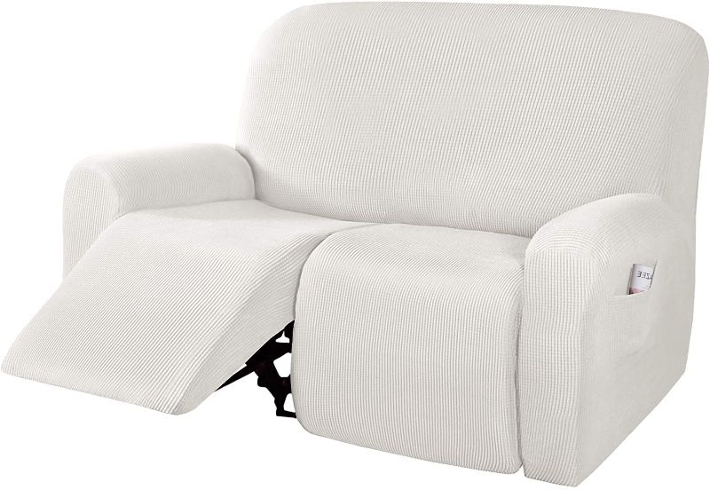 Photo 1 of H.VERSAILTEX Recliner Loveseat Covers Stretch Reclining Couch Covers for 2 Cushion Recliner Sofa Cover Feature Thick Soft Small Checks with Elastic Bottom Washable (2 Seater, Off White)
