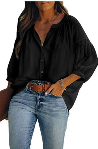 Photo 1 of Generic Brand  Womens 3/4 Sleeve Button Down Shirts Casual Loose Fit Woven Blouse Tops - Chinese Size LARGE 
