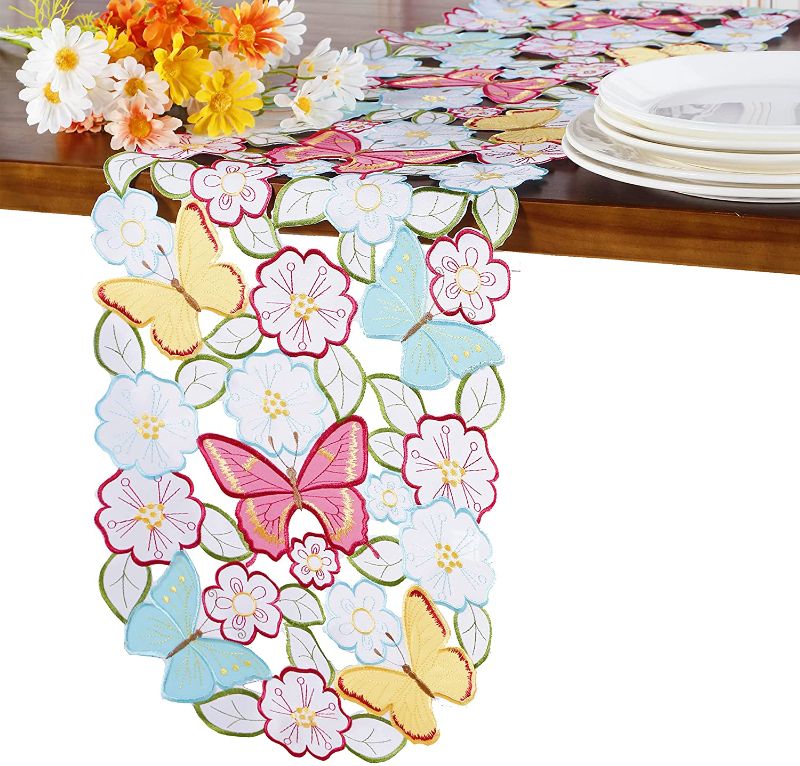 Photo 1 of Embroidered Flowery Table Runner 13"x68" , Cutwork Embroidered Floral Butterfly Dresser Scarf, Home Kitchen Dining Tabletop Decoration, Runner 13"x68", Butterfly
