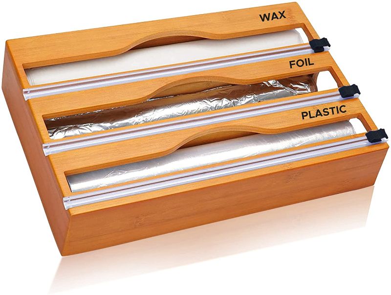 Photo 1 of Bamboo Plastic Wrap Dispenser With Slider Cutter, Aluminum Foil Wax Cling Film & Parchment Paper Dispenser, 3 in 1 Storage Dispenser, Aluminum Foil Holder, Wrap Dock, Roll Organizer for Kitchen Drawer