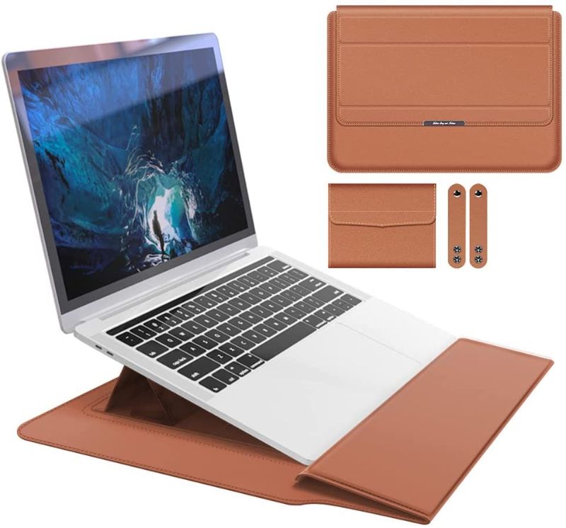 Photo 1 of Laptop Sleeve + Stand Compatible with 13-13.3 inch MacBook Pro/Air , XULIS Waterproof PU Leather Sleeve Bag Computer Protective Carrying Case with Support Frame (Brown)