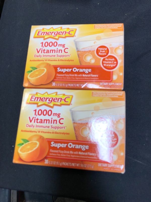 Photo 2 of 2 PACK - Emergen-C 1000mg Vitamin C Powder for Daily Immune Support Caffeine Free Vitamin C Supplements with Zinc and Manganese, B Vitamins and Electrolytes, Super Orange Flavor - 30 Count EXP JULY 2022