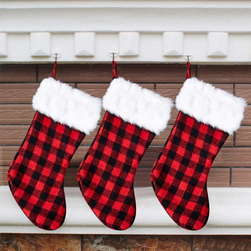 Photo 1 of Arnzeh Christmas Stockings, 3 Pack 18 inches Red and Black Buffalo Plaid with Plush Cuff, Classic Stocking Christmas Decorations for Home Party Xmas Fireplace Hanging Ornament Gifts (Red/White)
