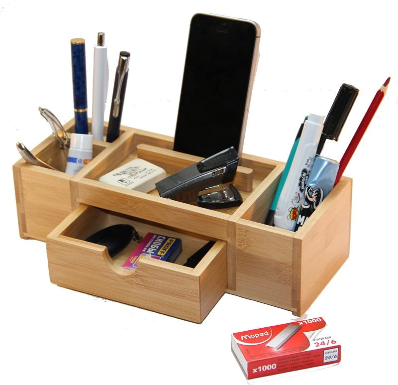 Photo 1 of KARUMI Bamboo Wood Desk Organizer with File Organizer for Office Supplies Storage & Desk Accessories. Pen Holder Pencil Cup Organizer with Phone Stand,
