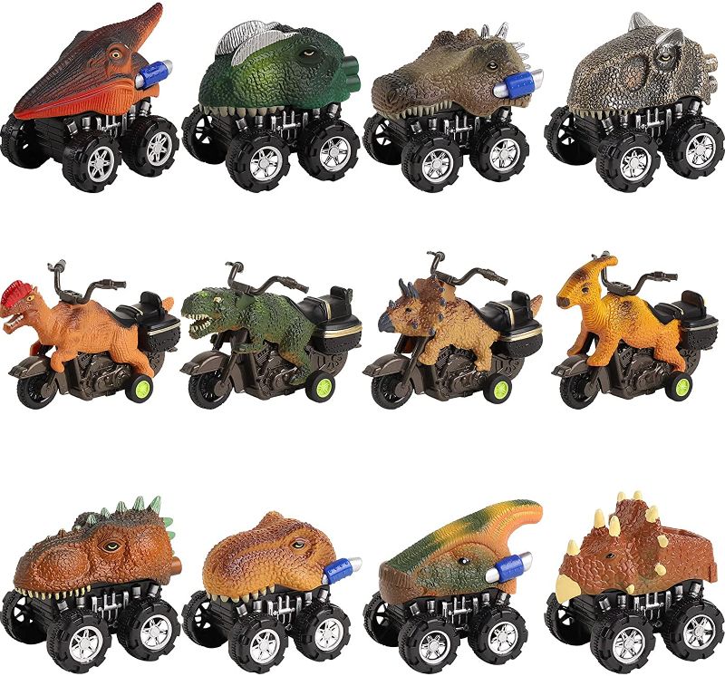 Photo 1 of DOLIVE 12 PCS Dinosaur Toy Cars Trucks Play Set for Boys Girls with 8 Dino Cars and 4 Motors, Pull Back Car Truck Vehicles for Kids, Toddler Push and Go Trucks Motorcycle Toys
