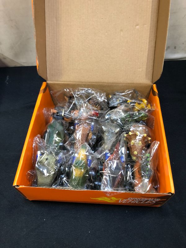 Photo 1 of DOLIVE 12 PCS Dinosaur Toy Cars Trucks Play Set for Boys Girls with 8 Dino Cars and 4 Motors, Pull Back Car Truck Vehicles for Kids, Toddler Push and Go Trucks Motorcycle Toys
