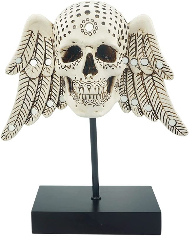 Photo 1 of Decorative Skull Head 9.8” Angel Wings on Spindle Realistic Human Skull Figurine Gothic Decor Carved Skull Statue Goth Sugar Skull Decor Day of The Dead Figurine Halloween Skeleton Skull Gift
