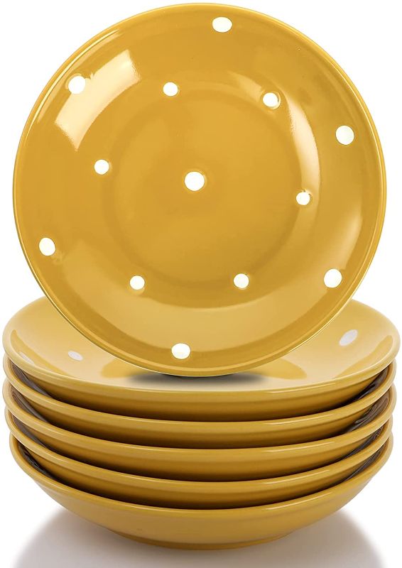 Photo 1 of AVLA 6 Pack Ceramic Dessert Plates, Porcelain Small Appetizer Plates, 5.5 Inch Round Soy Sauce Seasoning Dishes Dipping Bowls, Serving Plates for Cake, Nut, Snacks, Ice Cream, Side Dish, Yellow
