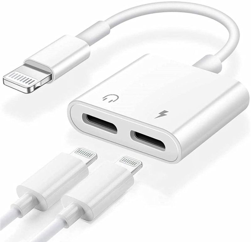 Photo 2 of  iPhone Headphones Adapter & Splitter, 2 in 1 Lightning to Dual Lightning Jack AUX Audio + Charger Adapter Dongle for iPhone 12 11 XS XR X 8 7 iPad, Support Calling + Charging