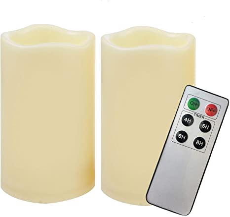 Photo 1 of 2 PCS Flameless LED Pillar Candles Waterproof Outdoor Indoor Battery Operated Flickering Electric Candle Set with Remote Control Timer for Home Party Wedding Christmas Decoration 3x5 inch