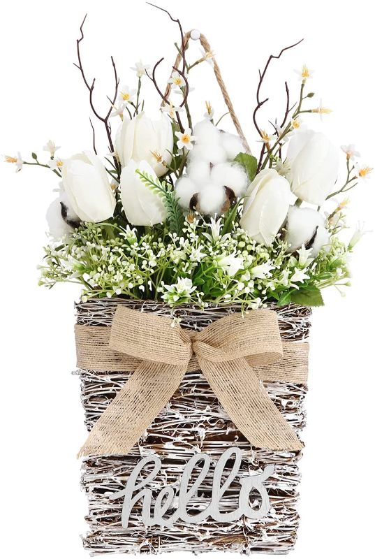 Photo 1 of Hello Sign Rose Basket Wall Decor, Rustic Wooden Welcome sign Front Door Wreath with Rose/Bow, for Home Wall Porch Farmhouse Spring Summer Holiday Decor, Indoor/Outdoor 16 X 8.75" .
