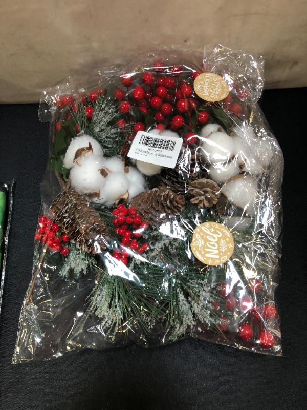 Photo 2 of 9 PCS Christmas Picks and Sprays Craft Supplies with Pine Cones,White Cotton Flower Balls,Red Berries,Jingle Bells,Evergreen Pine Needles,Artificial Xmas Floral Picks,Holiday Christmas Decorations
