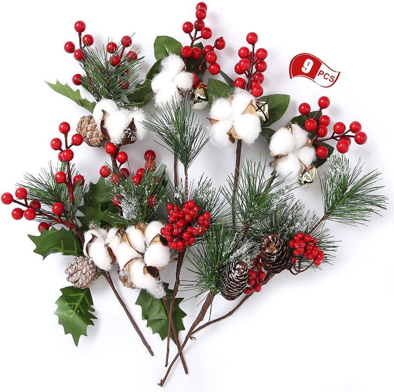 Photo 1 of 9 PCS Christmas Picks and Sprays Craft Supplies with Pine Cones,White Cotton Flower Balls,Red Berries,Jingle Bells,Evergreen Pine Needles,Artificial Xmas Floral Picks,Holiday Christmas Decorations
