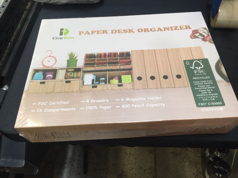Photo 1 of Desk Organizer Set with 6 Magazine File Holder Organizer 4 Drawers & 16 Compartments - Huge Capacity Pen organizer for Home, School, Office Supplies, FSC Certified Cardboard, DIY Project, Wood Color