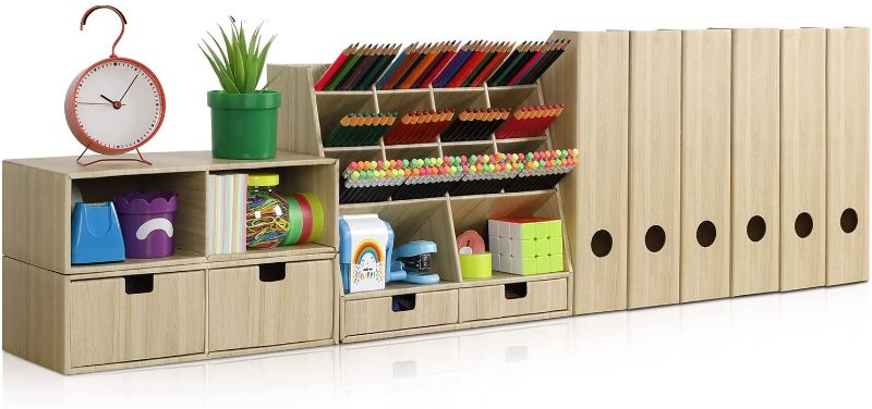 Photo 1 of Desk Organizer Set with 6 Magazine File Holder Organizer 4 Drawers & 16 Compartments - Huge Capacity Pen organizer for Home, School, Office Supplies, FSC Certified Cardboard, DIY Project, Wood Color