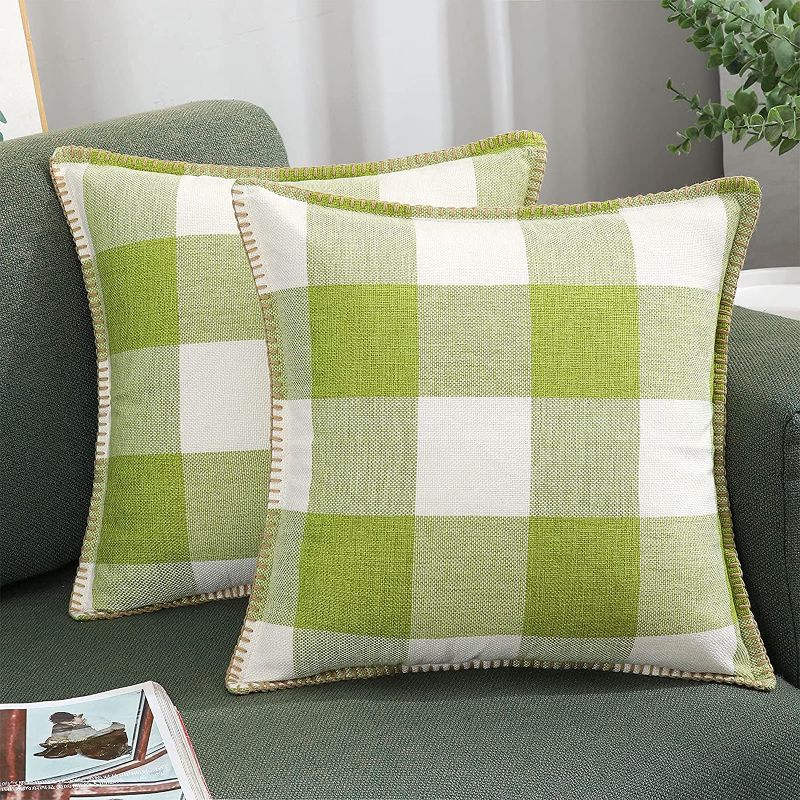 Photo 1 of 16X16 & 20X20 Set of 4 Buffalo Check Plaid Throw Pillow Covers Farmhouse Decorative Pillow Case Trimmed Edge Cushion Cover Square Pillowcase for Home Decor Bed Sofa, Green and White