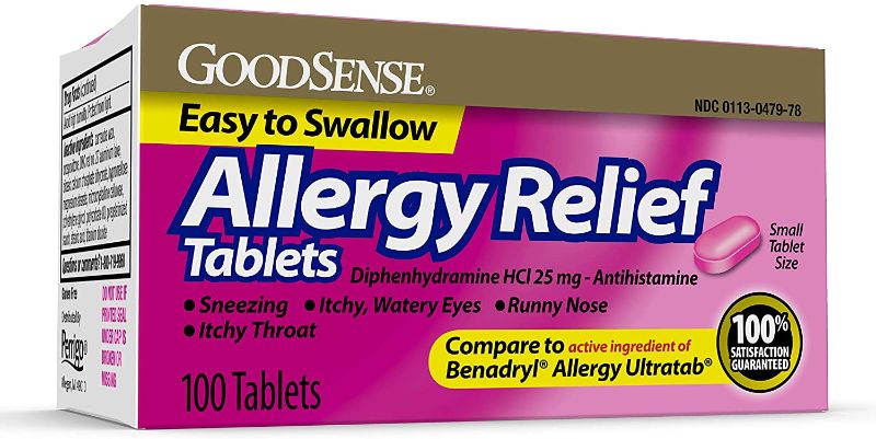 Photo 1 of 2 PACK - GoodSense Allergy Relief Diphenhydramine HCl 25 mg, Antihistamine Tablets for Symptoms Due to Hay Fever and Upper Respiratory Allergies, 100 Count
EXP AUG 2022