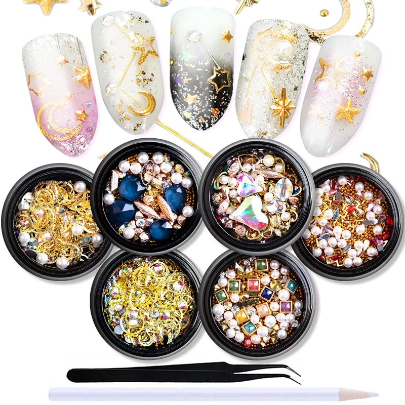 Photo 1 of SILPECWEE 6 Boxes 3d Nail Charms Gold Nail Art Charms Flat Back Nail Rhinestone Nail Jewels Nail Gems Pearls for Nails DIY Nail Decoration with 1pc Tweezers, Picker Pencil