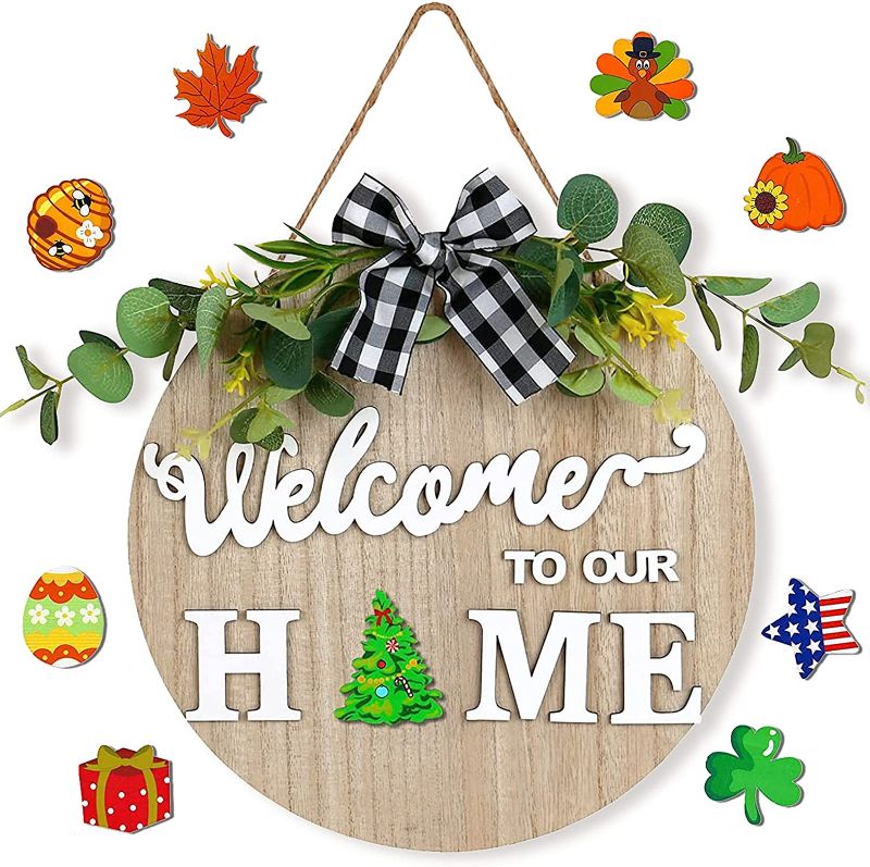Photo 1 of Fall Wreaths for Front Door-Interchangeable Seasonal Welcome Porch Decor- Rustic Wood Round Wreath Wall Hanging Outdoor Holiday Decorations for Housewarming Gifts Halloween Christmas Garden