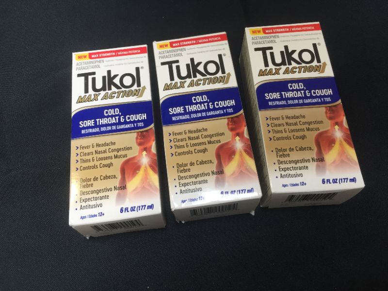 Photo 2 of 3 PACK - TUKOL Cough Suppressant and Nasal Decongestant Multi-Symptom Cold Relief Syrup - Maximum Strength, Fast Acting Formula, 6 Fl Oz
EXP 11/2022
