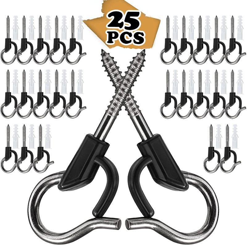 Photo 1 of 25 PCS Ceiling Hooks for Outdoor String Lights, Screw Hooks for Hanging Plants, Eye Hooks with Safety Buckle Design, Heavy Duty Light Hooks for Hangering Christmas Patio Lights