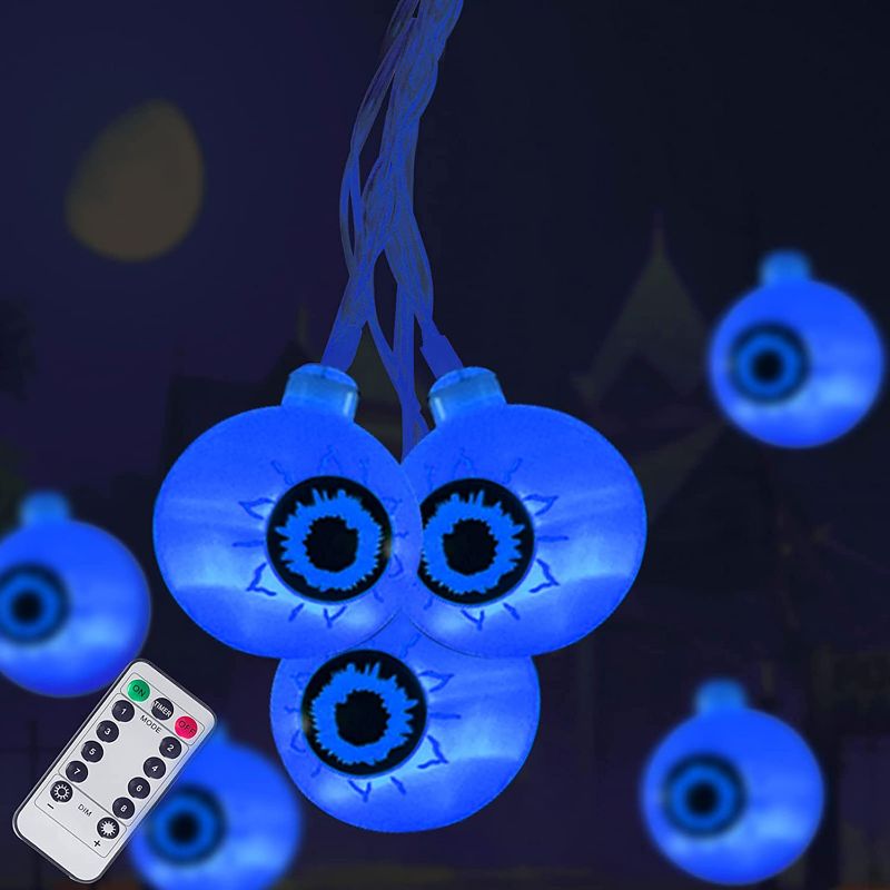 Photo 1 of Halloween Eyeball Decoration String Lights 30LED Outdoor and Indoor with Remote Control Waterproof Battery Operated,Haunted Houses Window Tree Party to Create a Halloween Horror Atmosphere (Blue)