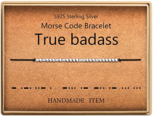 Photo 1 of KGBNCIE Bad Ass Bracelet Morse Code Jewelry Gift for Her Sterling Silver Beads on Silk Cord Inspirational Gift for Her
