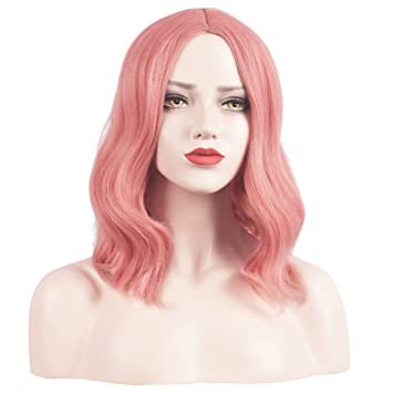 Photo 1 of FESHFEN Short Bob Pastel Wavy Pink Wig for Women Girls 14 inch Shoulder Length Wigs Middle Part Wig Bob Wave Natural Looking Synthetic Costume Wigs
