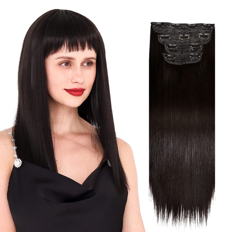 Photo 1 of Notting 24" Clip on Hair Extensions Long Straight Hair Extension Full Head Clip in Hair Synthetic Fiber Ladies Hairpieces 4PCS, Hairpiece for Women Girls Black Brown