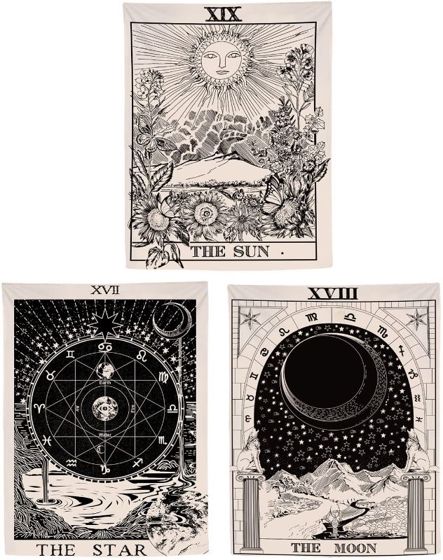 Photo 1 of BLEUM CADE Tarot Tapestry The Moon The Star The Sun Tapestry Medieval Europe Divination Tapestry Wall Hanging Tapestries Mysterious Wall Tapestry for Home Decor (Pack of 3, 70x92 Inches)
